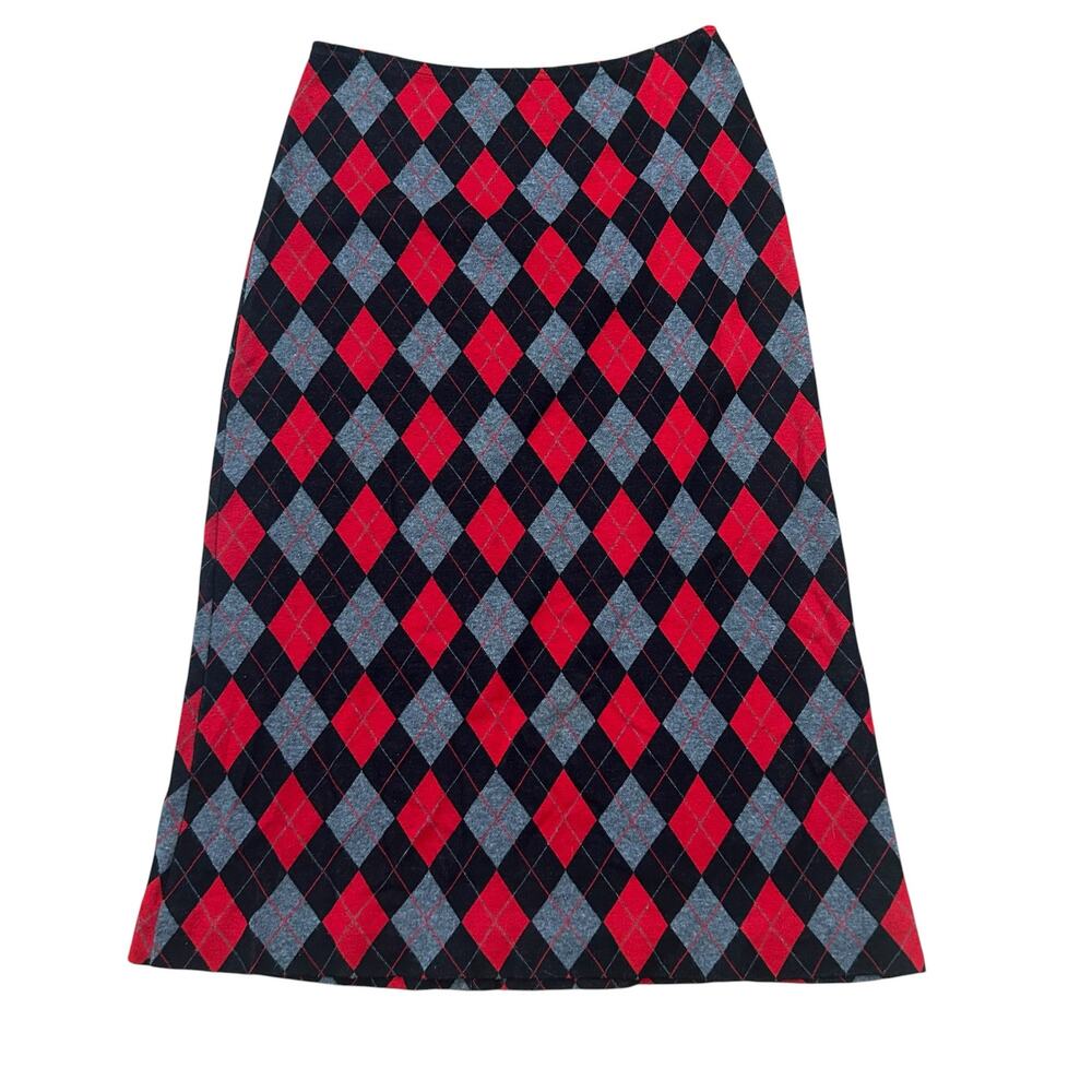 Vintage Argyle Knit Maxi Skirt Red Black Soft Stretch Preppy Dark Academia -